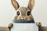 Adorable brown bunny wearing blue scarf holding blank white sign on wooden surface, cartoon style illustration for greeting cards and announcements.