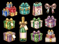 Colorful gift boxes, champagne bottle, and bow clipart set isolated on transparent background, ready for T-shirts, stickers, print on demand, and sublimation designs.
