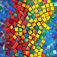 Vibrant mosaic pattern with colorful square tiles in red, yellow, blue and green arranged in a dynamic swirling composition. Abstract geometric background design.