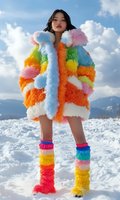 Young Asian woman in vibrant multicolored faux fur coat and rainbow leg warmers standing on snow-covered ground against mountain landscape and blue sky.