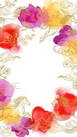 Watercolor unicorns with golden outlines galloping through colorful clouds and flowers creating magical frame border on white background for fantasy designs.
