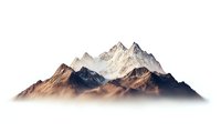 Majestic snow-capped mountain peaks rising above misty clouds, isolated on transparent background for design projects and creative compositions.