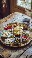 Traditional Mediterranean breakfast spread on brass tray with steaming tea, fresh pastries, olives, vegetables and dips served on vintage porcelain plates near window.