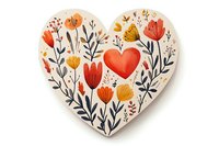 Heart-shaped decorative art with red and yellow flowers surrounding a central red heart, set against a cream background for greeting cards or home decor.