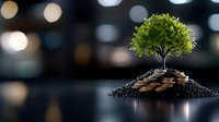 Small green tree growing on stack of coins and soil against blurred bokeh background, representing financial growth, investment and wealth management concept.