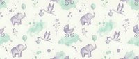 Cute baby elephant seamless pattern with watercolor splashes and botanical elements on white background. Perfect for nursery decor, children's products and textile design.