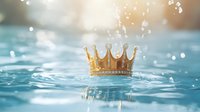 Golden crown floating on rippling water surface with magical sparkles and sunlight creating dreamy atmosphere for fairy tale or royal concept designs.