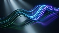 Glowing neon waves with blue and purple light trails flowing across dark background, suitable for tech and digital design projects.