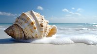 Large seashell on pristine white sand beach with turquoise ocean waves and blue sky background. Tropical paradise vacation concept for summer travel designs.