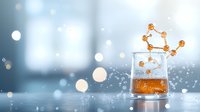 Molecular structure emerging from whiskey glass with splashing liquid against blurred bokeh background, creative chemistry concept for beverage industry.