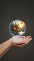 Hand holding glowing crystal sphere containing illuminated cabin by lake at sunset surrounded by forest trees and golden light reflecting on water.