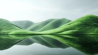 Rolling green hills reflected in calm water surface creating mirror symmetry landscape with minimalist composition and serene atmosphere.