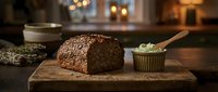 Freshly baked whole grain bread loaf with seeded crust on wooden board, served with herb butter spread, ideal for bakery, food styling, culinary blogs.