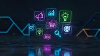 Digital marketing concept with neon glowing icons including megaphone, analytics, lightbulb, shopping cart, SEO and target symbols on dark tech background.