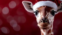 Adorable baby giraffe wearing Santa hat against red bokeh background, close-up portrait showing expressive eyes and gentle smile. Festive holiday concept.