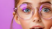 Close up portrait of young woman with bright blue eyes, freckles and round glasses against pink background, natural beauty and fashion concept.