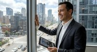 Confident businessman holding tablet looking out office window at city skyline. Corporate executive planning strategy in modern workplace environment.