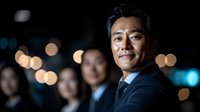 Confident Asian businessman smiling at camera with blurred colleagues in background. Professional corporate portrait with bokeh lights creating modern urban atmosphere.