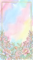 Pastel watercolor background with gold floral frame, peony flowers, and swirling botanical elements in soft rainbow hues for cards and invitations.