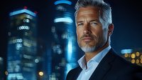 Confident mature businessman with gray hair and beard against night city skyline background with blurred lights and modern buildings. Professional portrait.