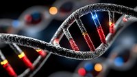 Glowing DNA helix structure with red and blue illuminated elements on dark background shows genetic research and biotechnology advancement in medicine.