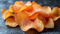 Crispy orange potato chips scattered on dark surface with selective focus, showing detailed texture and natural color variation. Fresh homemade snack food.