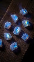 Raw moonstone crystals with iridescent blue flash scattered on rustic wooden surface for healing meditation spiritual wellness and gemstone collection displays.