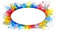 Colorful watercolor frame with school supplies and stationery items surrounding white oval space for text or design elements.