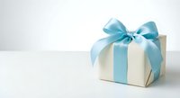 White gift box with elegant blue satin ribbon bow on clean background for celebrations, holidays, birthdays, and special occasions.