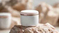 White cosmetic jar with rose gold lid on natural stone, soft beige background with blurred decorative elements, luxury skincare product photography.