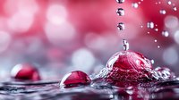 Water droplets creating splash with pink and red bokeh background. Dynamic liquid motion with crystal clear droplets frozen in time for creative design projects.