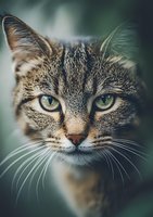 Close-up portrait of tabby cat with intense green eyes and distinctive whiskers against blurred natural background, dramatic lighting highlights feline features.