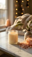 Cozy home interior with burning candle, eucalyptus plant and warm bokeh lights creating peaceful atmosphere for relaxation and wellness lifestyle.