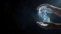 Human hands protecting glowing DNA double helix with digital data elements on dark background representing genetic research and biotechnology innovation.