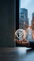 Businessman holding a glowing digital hologram with analytics charts and gear icons above his palm, city skyline in rainy background.