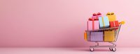 Shopping cart filled with colorful gift boxes on pink background, panoramic composition with copy space for seasonal sales and holiday promotions.