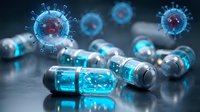 Medical vials with blue liquid and floating virus particles for pharmaceutical research and vaccine development concepts in healthcare industry.