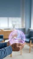 Close-up of mature male hand holding glowing purple orb with swirling energy particles and light effects in modern office setting, representing innovation, technology, and future vision.
