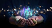 Cupped hands holding glowing holographic family figures with sparkling light effects against dark background for digital technology concepts.