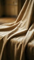 Draped beige linen fabric with soft folds and natural texture, ideal for interior design, home decor, and textile backgrounds.