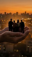 Protective hands holding family silhouettes against warm sunset city skyline representing care, support and security for loved ones.