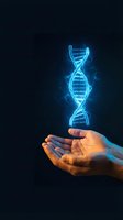 Glowing blue DNA double helix hologram floating above cupped hands on dark background for genetic research and biotechnology concepts.