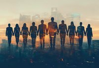 Silhouettes of diverse business team holding hands against urban cityscape at sunset, double exposure effect creates unity and success concept in corporate world.