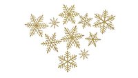 Golden snowflakes arranged in heart shape on white background, isolated winter holiday decoration for Christmas greeting cards and festive designs.