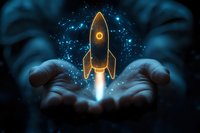 Glowing rocket ship launching from open palms against dark background with magical sparkles and blue particles, symbolizing business startup and innovation.