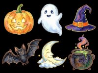 Jack-o-lantern pumpkin, friendly ghost, witch hat, bat, crescent moon, and bubbling cauldron isolated on transparent background. Ready for t-shirts, stickers, clipart, sublimation, and print-on-demand designs.