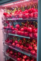 Fresh red cherries on transparent plastic trpink lighting, showing organized storage of seasonal fruit produce.
