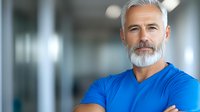 Confident mature Caucasian male with gray beard and hair wearing blue t-shirt standing with arms crossed in modern office environment, professional business portrait.