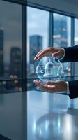 Businessman hands holding glowing holographic sphere with government building, contract and lock icons, symbolizing legal protection and governance.