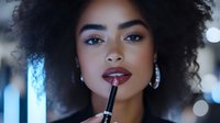 Young African American woman applying dark red lipstick, wearing silver hoop earrings with natural curly hair. Soft blue bokeh lighting creates glamorous makeup atmosphere.